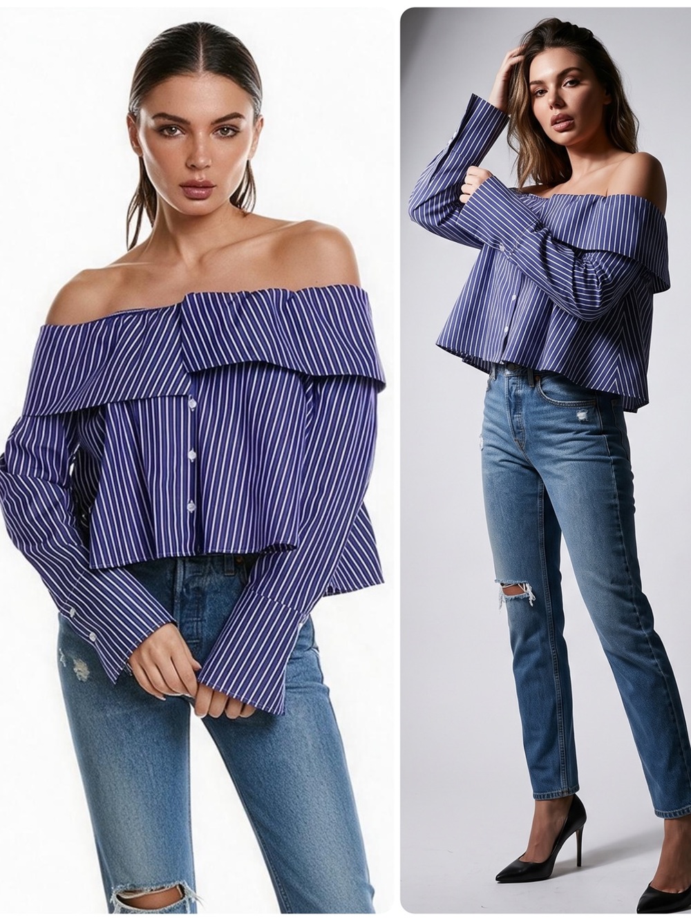 Caroline Constas Tina Cotton Striped Off-Shoulder Button-Down Shirt Top NWT $395